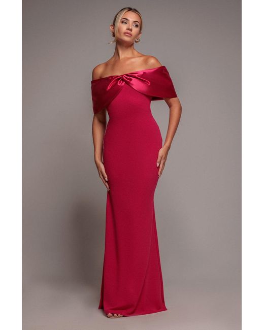 Goddiva Pink Twist Knot Satin & Scuba Bardot Maxi Dress
