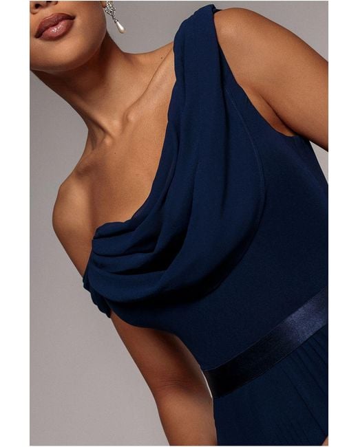 Goddiva Blue Cowl Neck One Shoulder A Line Chiffon Maxi Dress