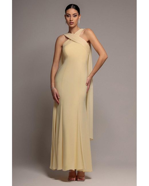 Goddiva Natural Cross Front Scarf Back Chiffon Mermaid Maxi Dress