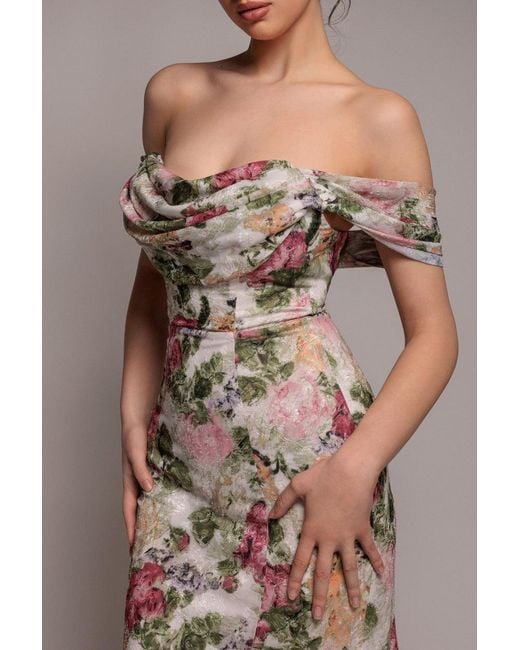 Goddiva Natural Cowl Neck Floral Print Jacquard Chiffon Maxi Dress
