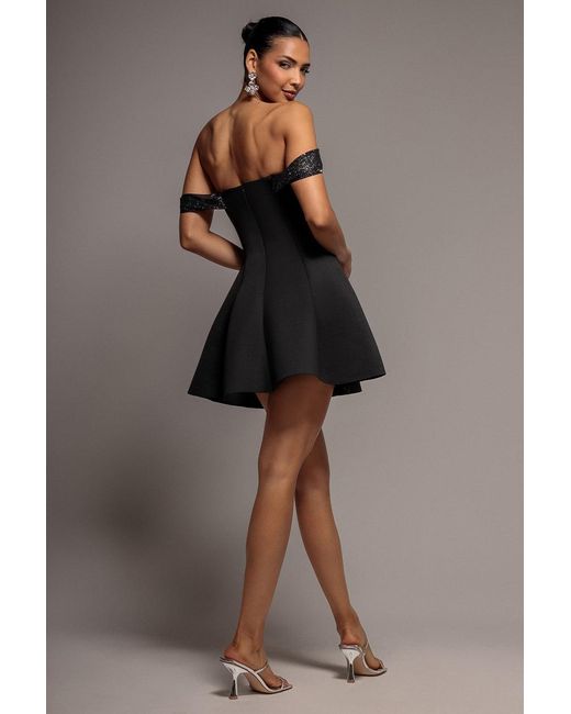 Goddiva Black Sparkle Chiffon Cowl Bardot Skater Mini Dress