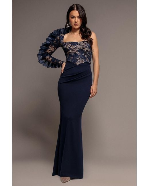 Goddiva Blue One Shoulder Organza Fan Detail Lace Bodice Maxi Dress