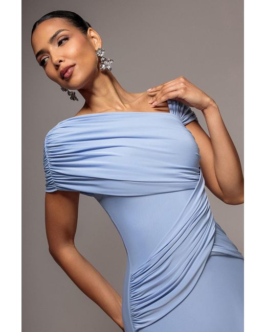 Goddiva Blue Asymmetric Neck Gathered Waist Maxi Dress