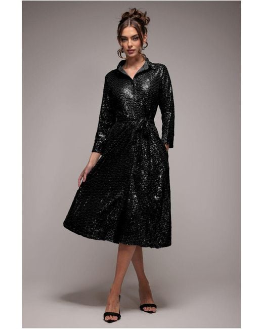 Goddiva Black Sequin Skater Shirt Dress