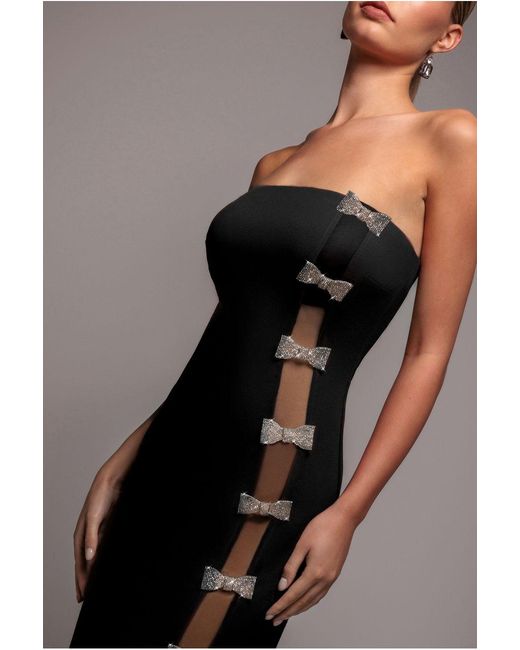Goddiva Black Bow-Embellished Strapless Mermaid Maxi Dress
