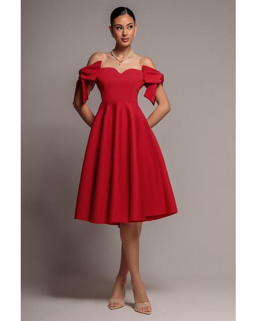 Goddiva Red Bardot Plunge Neck Bow Sleeve A Line Midi Dress