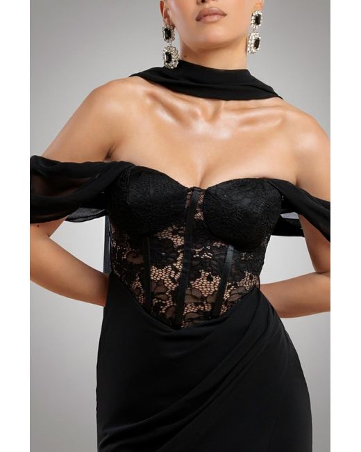 Goddiva Black Scalloped Lace & Chiffon Winged Corset Bodice Maxi Dress