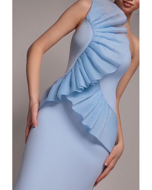 Goddiva Blue One Shoulder Pleated Fan Maxi Dress