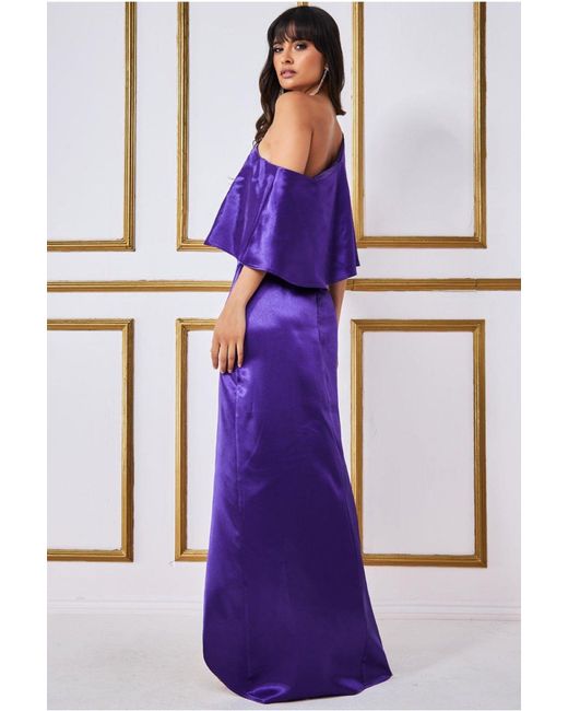 Goddiva Purple Satin Drape Shoulder Wrap Maxi Dress