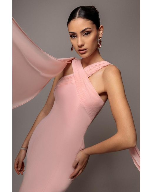Goddiva Pink Cross Front Scarf Back Chiffon Mermaid Maxi Dress