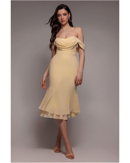 Goddiva Natural Chiffon Cowl Off Shoulder Wing Tiered Midi Dress
