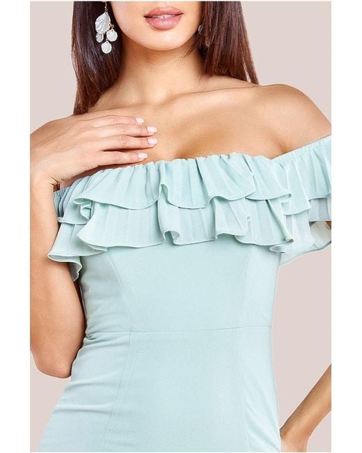 Goddiva Blue Frilled Off The Shoulder Pleated Chiffon Maxi Dress
