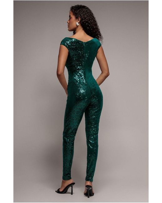 Goddiva Blue Sequin Velvet Bardot Jumpsuit