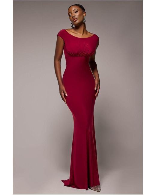 Goddiva Gray Open Back Cowl Neck Gathered Maxi Dress With Velvet Tie Back