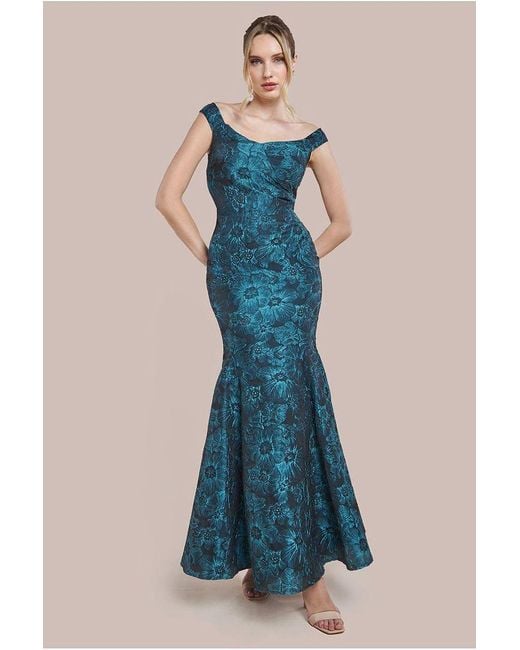 Goddiva Blue Bardot Jacquard Maxi Dress