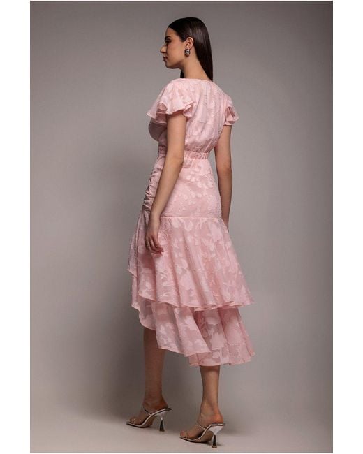 Goddiva Pink Jacquard Chiffon Wrap High Low Midaxi Dress