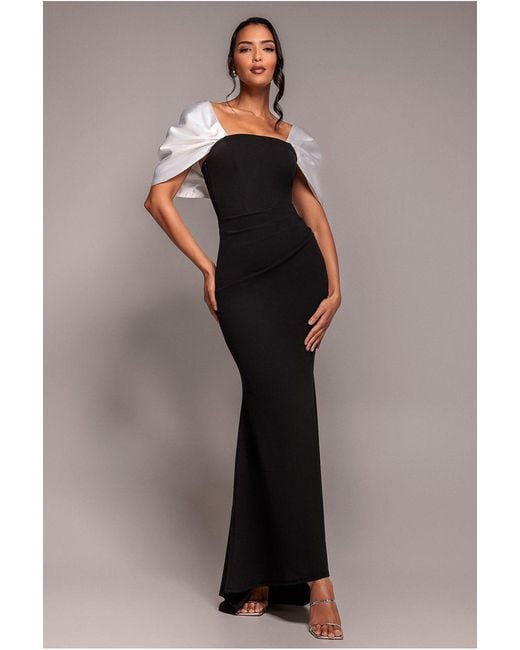 Goddiva Black Contrast Off Shoulder Back Satin Bow Scuba Maxi Dress