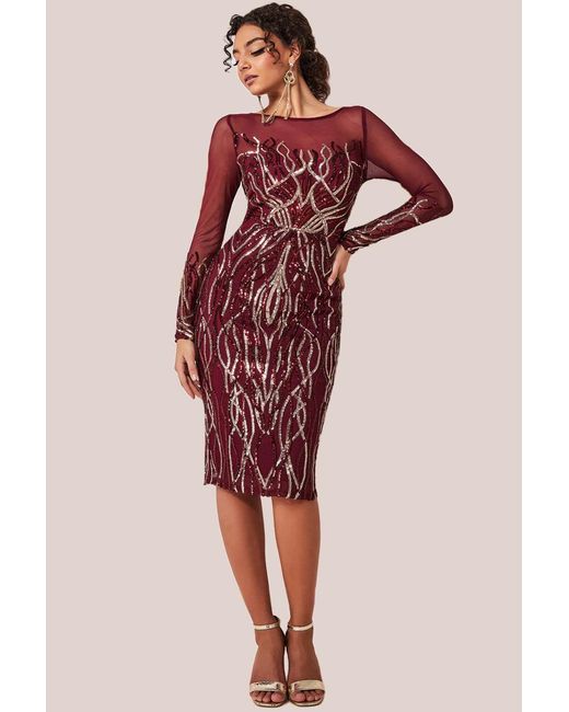 Goddiva Red Long Sleeve Sequin Flame Midi Dress