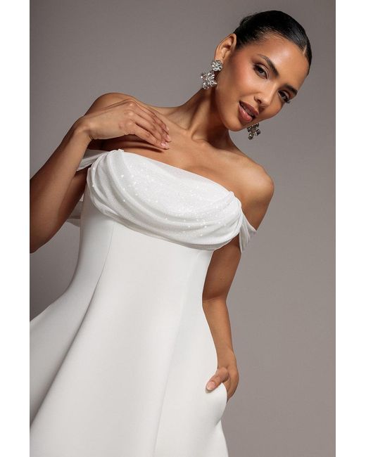 Goddiva Natural Sparkle Chiffon Cowl Bardot Skater Mini Dress