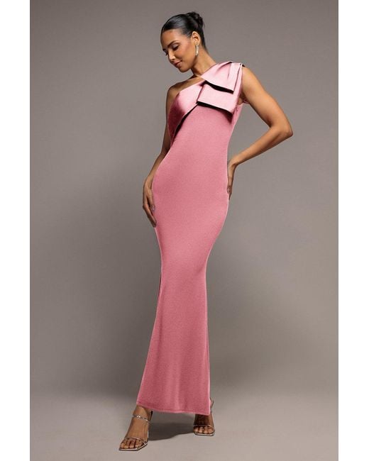 Goddiva Pink One Shoulder Satin Bow Scuba Crepe Maxi Dress