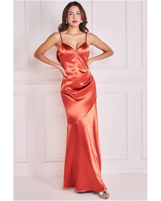 Cowl Neck Satin Open Back Dress in Red