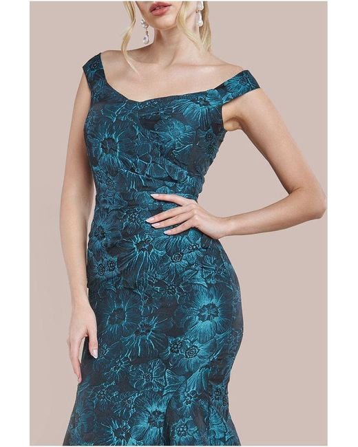Goddiva Blue Bardot Jacquard Maxi Dress