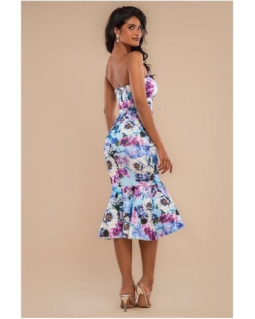Goddiva Blue Floral Scuba Foam Bandeau Midi Dress