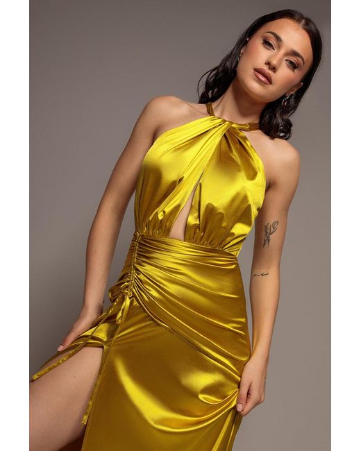 Goddiva Yellow Halter Neck Front Split Satin Maxi Dress