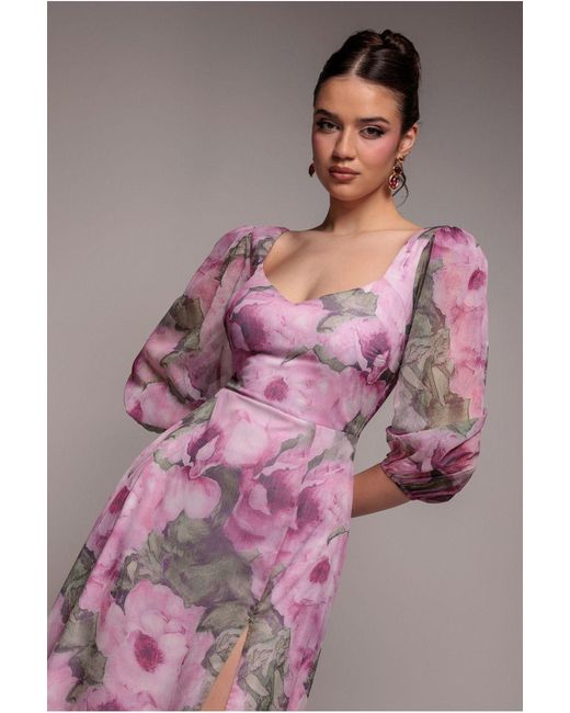 Goddiva Pink Puff Sleeve A-Line Printed Chiffon Maxi Dress With Split