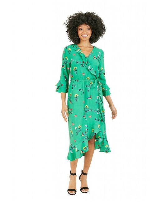 Yumi' Bird Print Wrap Dress in Green | Lyst UK