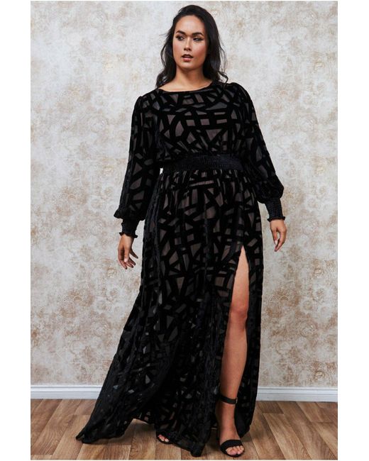 Goddiva Plus Burnout Velvet Maxi Dress in Black | Lyst