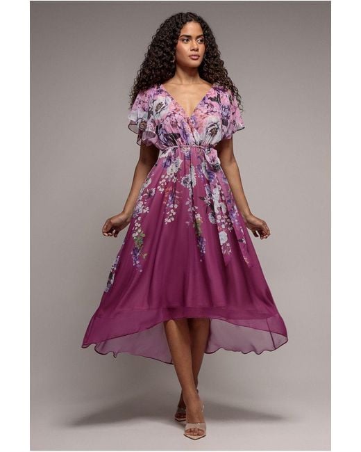 Goddiva Pink Flutter Sleeve A-Line Chiffon Floral Printed Midi Dress