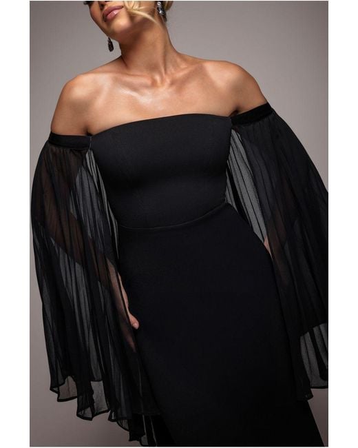 Goddiva Black Strapless Maxi Dress With Pleated Chiffon Cape