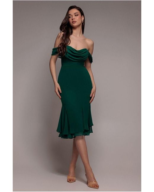 Goddiva Green Chiffon Cowl Off Shoulder Wing Tiered Midi Dress
