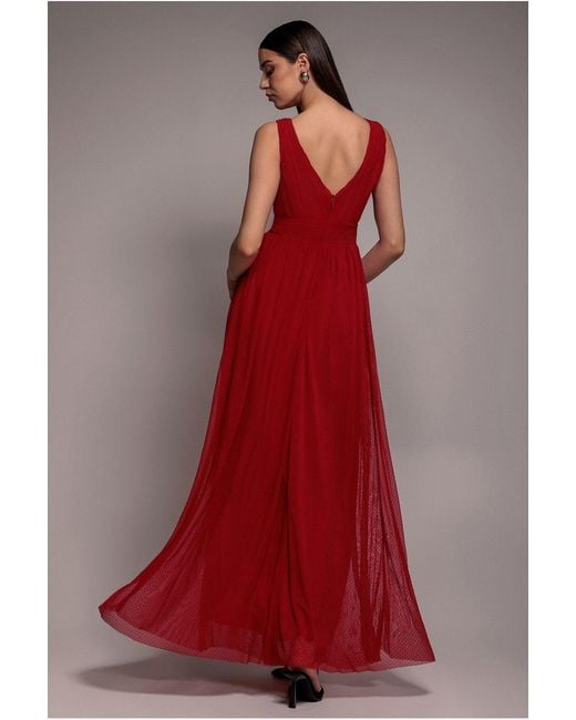 Goddiva Red Sleeveless Pleated Dobby Mesh Corsage Maxi Dress