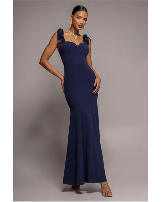 Goddiva Blue Multiway Bow Soft Satin Sweetheart Maxi Dress
