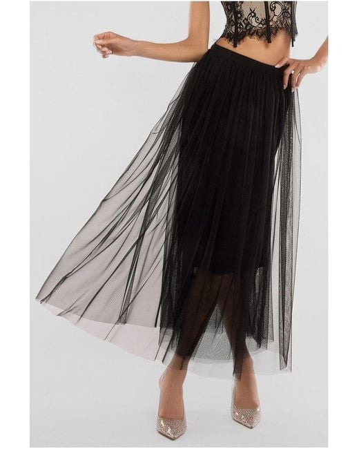 Goddiva Black Tulle Gathered Midaxi Skirt