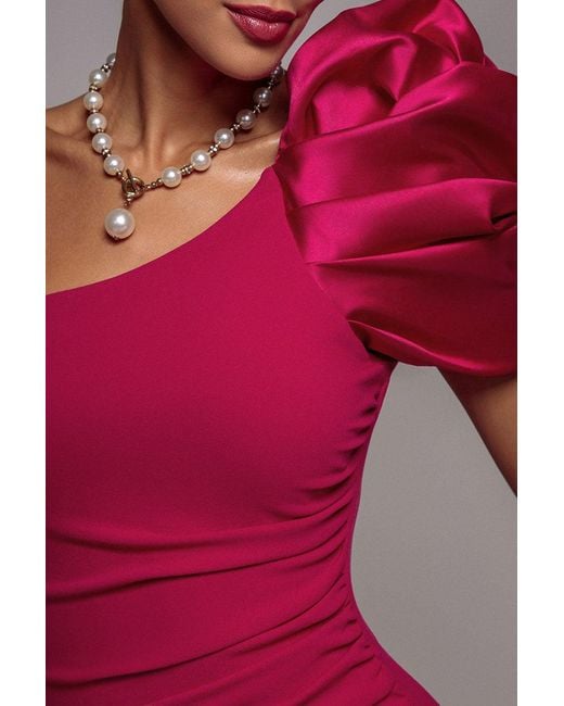 Goddiva Red One Shoulder Puffed Satin Sleeve Evening Maxi Dress