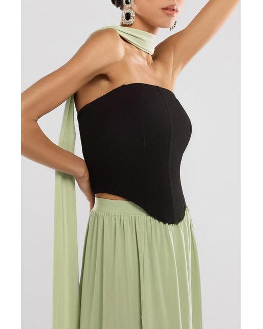 Goddiva Green Compact Crepe Lace Up Corset With Side Split Jersey Maxi Skirt & Scarf