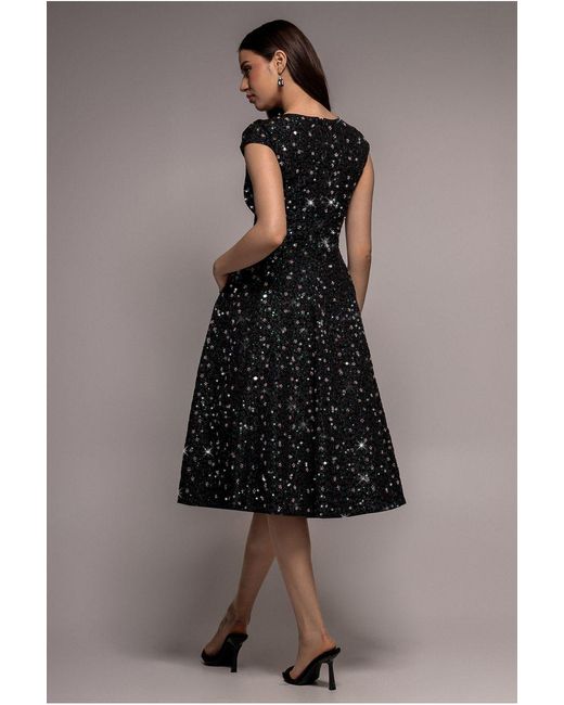 Goddiva Black Bead Embellished Jacquard A Line Midi Dress