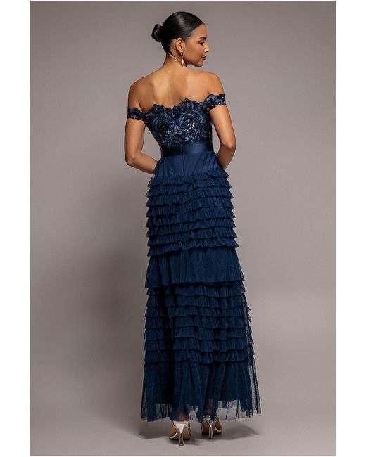 Goddiva Blue Scallop Bardot Ruffle Mesh Maxi