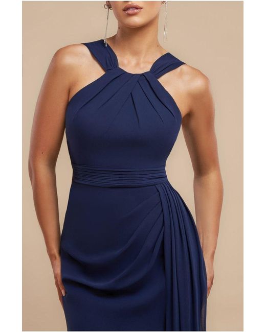 Goddiva Blue Halterneck Thigh Split Chiffon Maxi Dress