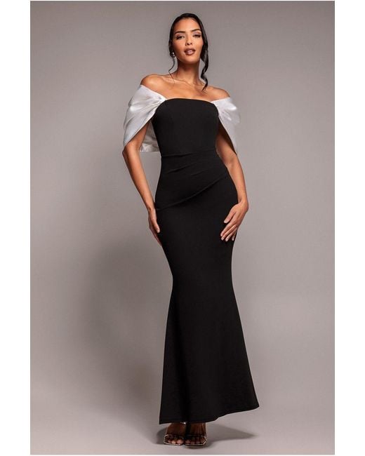 Goddiva Black Contrast Off Shoulder Back Satin Bow Scuba Maxi Dress