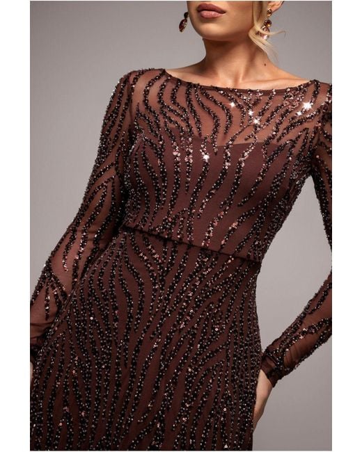 Goddiva Brown Ombre Sequin Beaded Flared Long Sleeve Maxi Dress