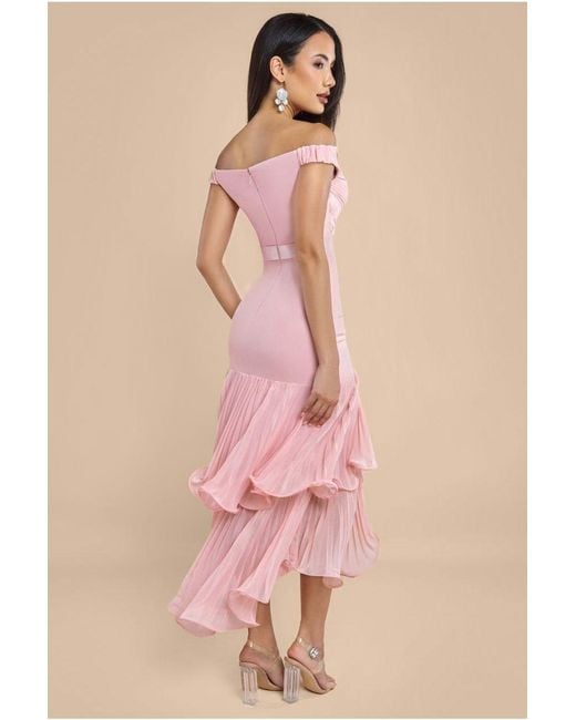 Goddiva Pink Pleated Bardot High Low Tier Chiffon Midaxi Dress