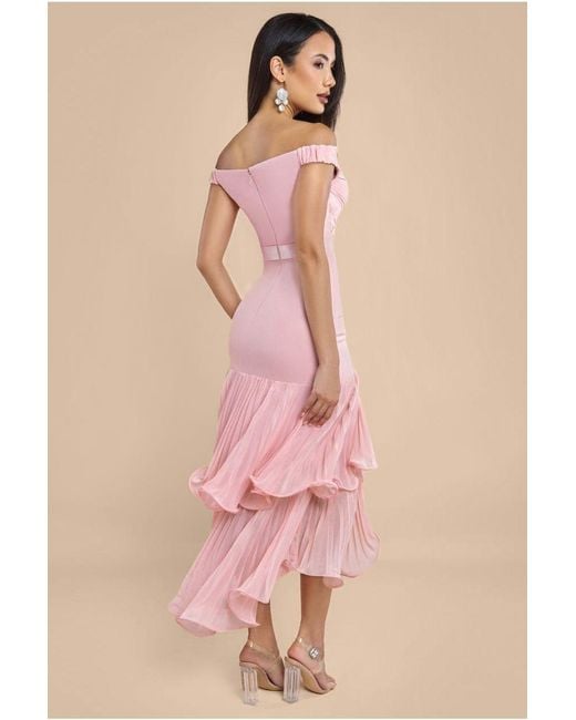 Goddiva Pink Pleated Bardot High Low Tier Chiffon Midaxi Dress
