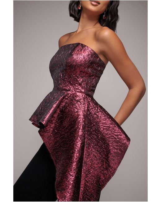 Goddiva Red Boob Tube Jacquard Top With Asymmetric Peplum Frill