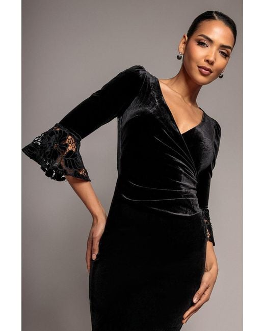 Goddiva Black Crochet Velvet Wrap Midi Dress