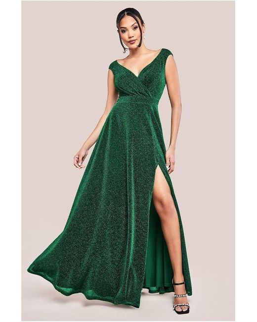 Goddiva Green Crossover Lurex Glitter Maxi Dress