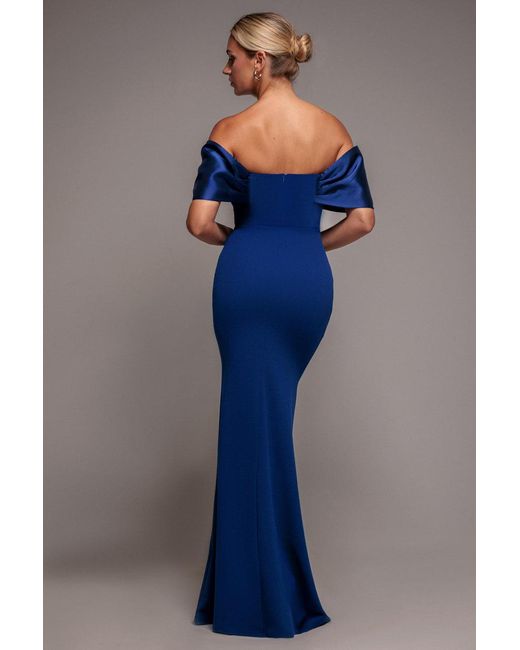Goddiva Blue Twist Knot Satin & Scuba Bardot Maxi Dress